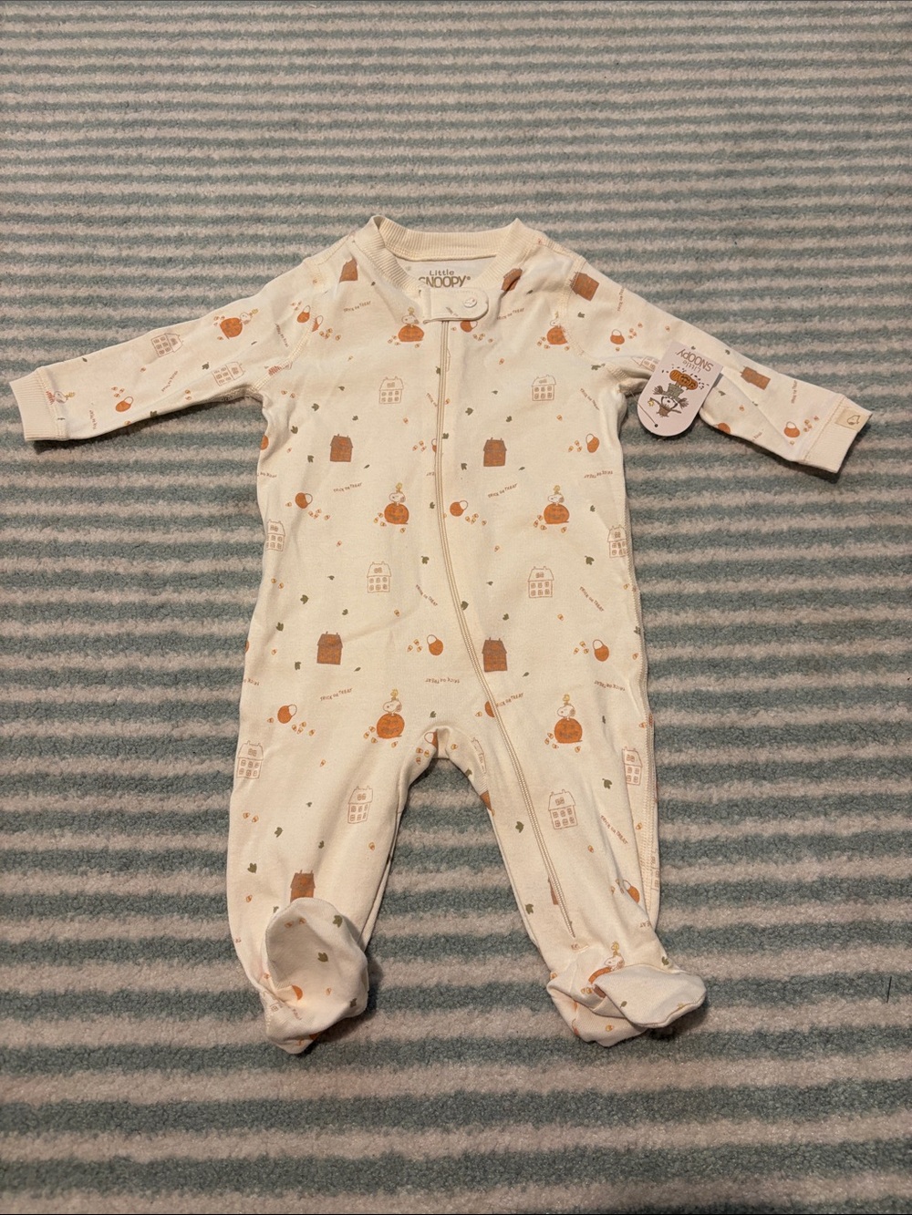 Little Snoopy Cream Footed One-Piece Pajama with Orange Fall Pumpkin Print